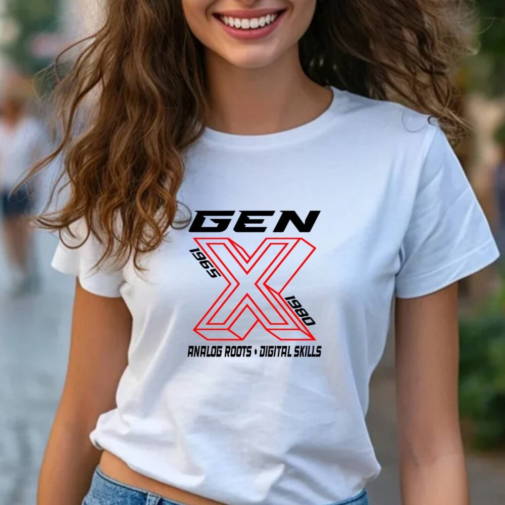 Tricou Gen X unisex lifestyle pe femeie, alb personalizat cu mesaj Gen X roșu, cadou pentru generația X