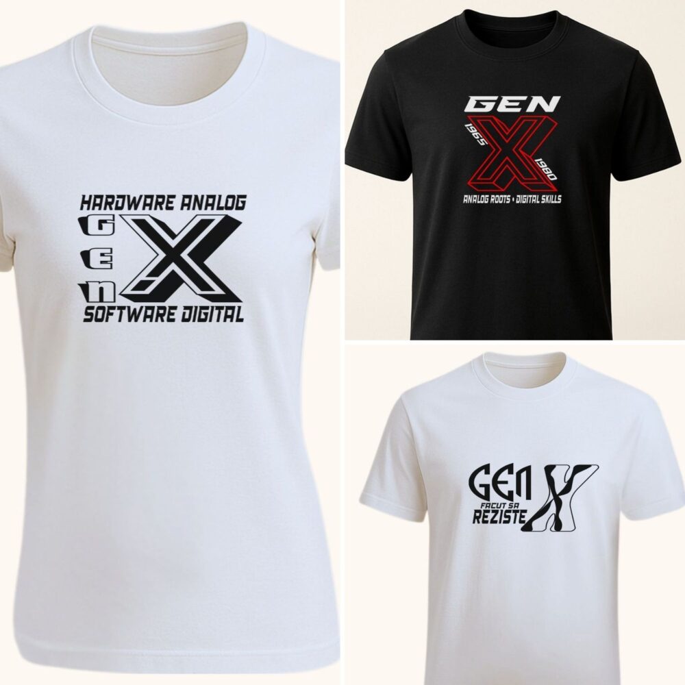 Colaj tricou personalizat unisex Gen X cu 3 modele disponibile: hardware analog, Gen X logo și Gen X facut sa reziste