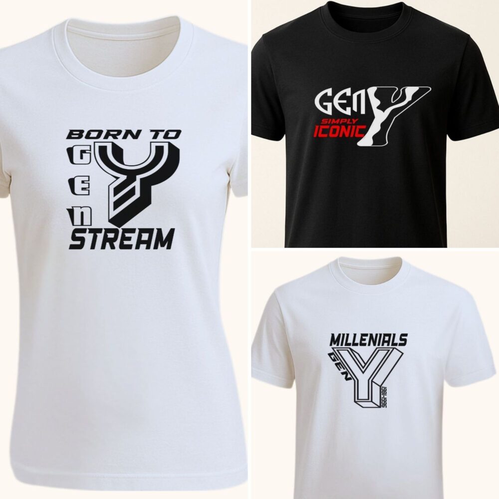 Colaj tricou personalizat unisex Gen Y Millennials cu 3 modele: Born to Gen Y Stream, Gen Y Simply Iconic și Millennials Gen Y