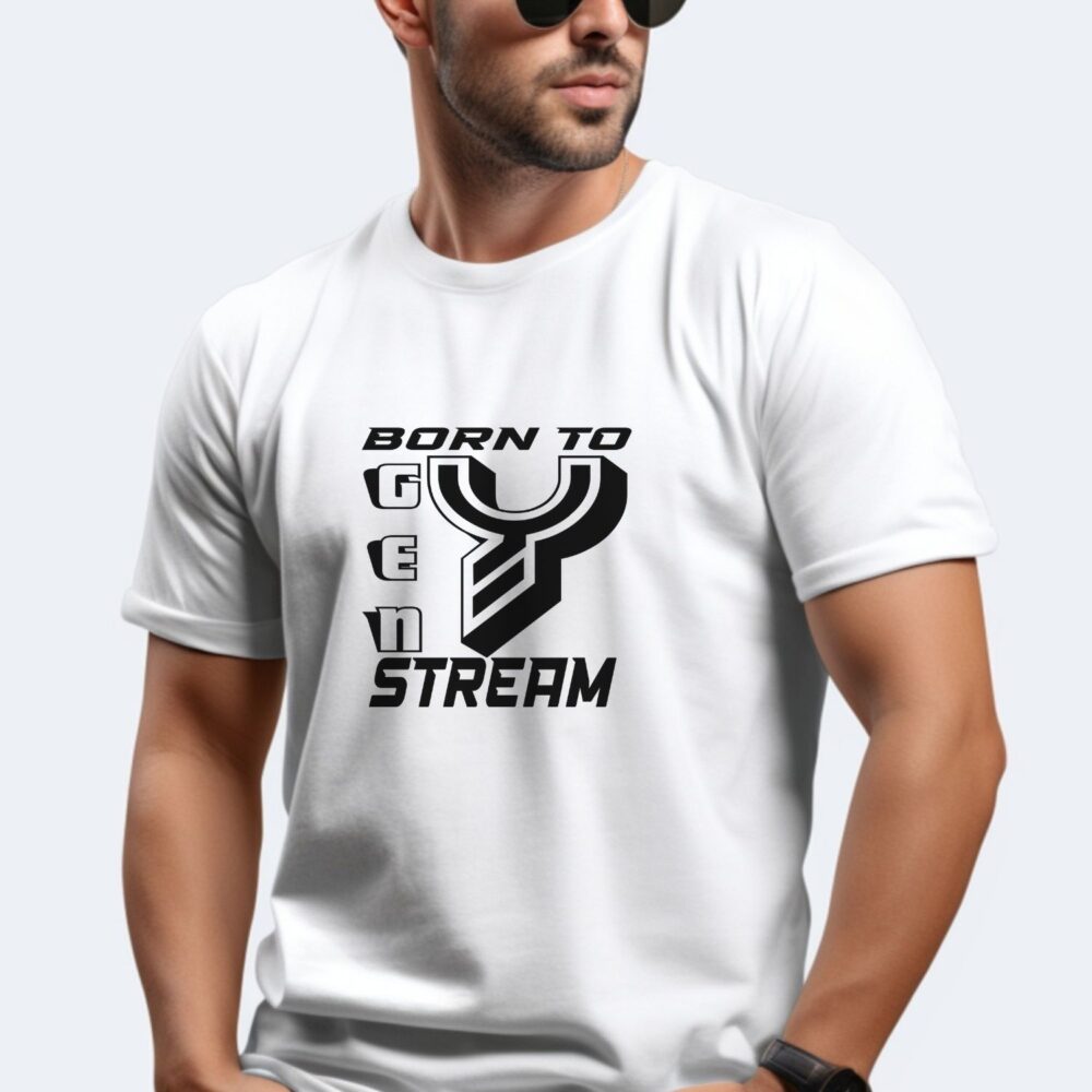 Tricou Gen Y unisex lifestyle pe bărbat, alb cu Born to Stream, gen Y, look casual urban