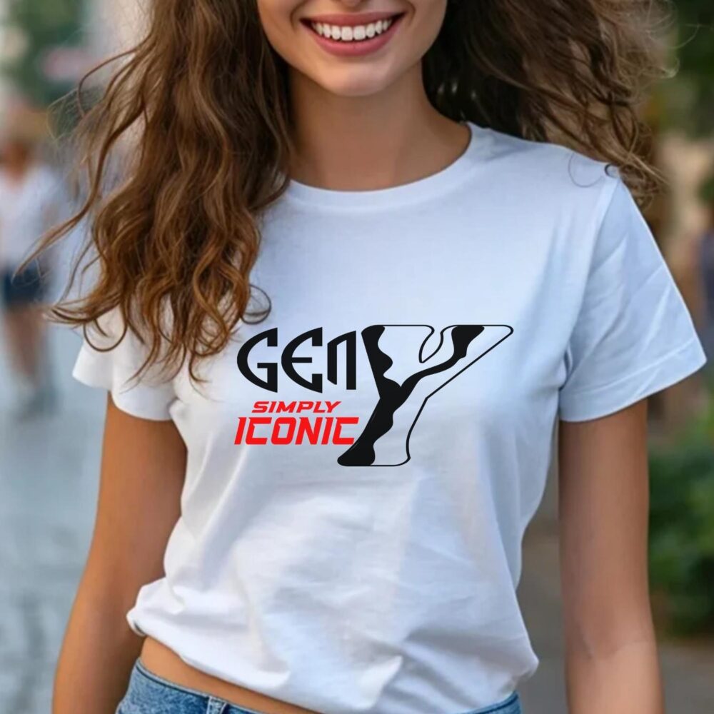 Tricou Gen Y unisex lifestyle pe femeie, alb cu Simply Iconic, ideal pentru cadou Millennials