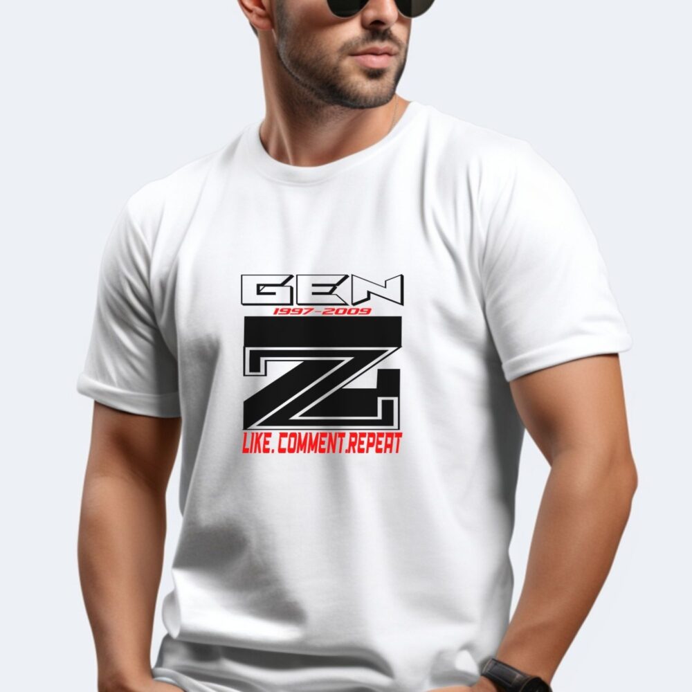 Tricou Gen Z unisex alb Like Comment Repeat, stil urban pentru bărbați