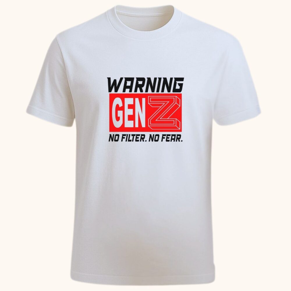 Tricou Gen Z unisex alb personalizat cu grafica și mesaj WARNING GEN Z No Filter No Fear