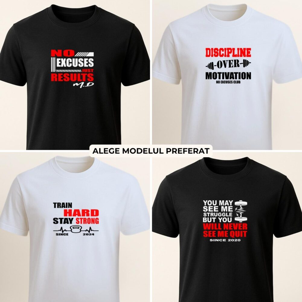 Tricou gym bărbați cu 4 modele motivaționale personalizate pentru sală și fitness