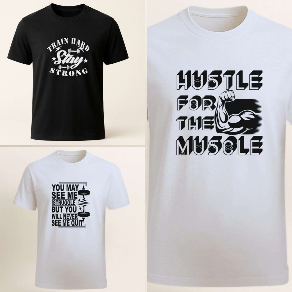 Tricou motivational gym personalizat bărbați – 3 modele: Hustle for the Muscle, Train Hard Stay Strong, Never Quit
