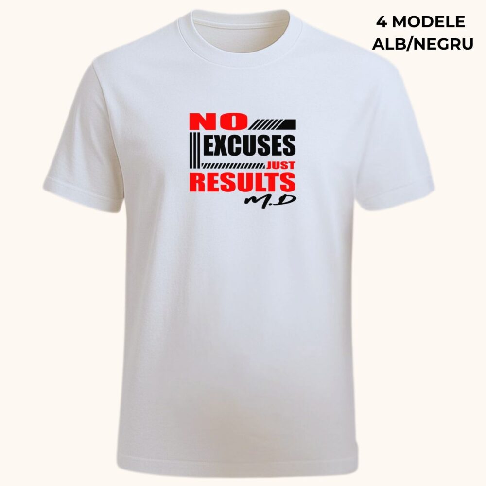 Tricou gym motivațional personalizat pentru bărbați, model No Excuses Just Results pe tricou alb cu inițiale nume
