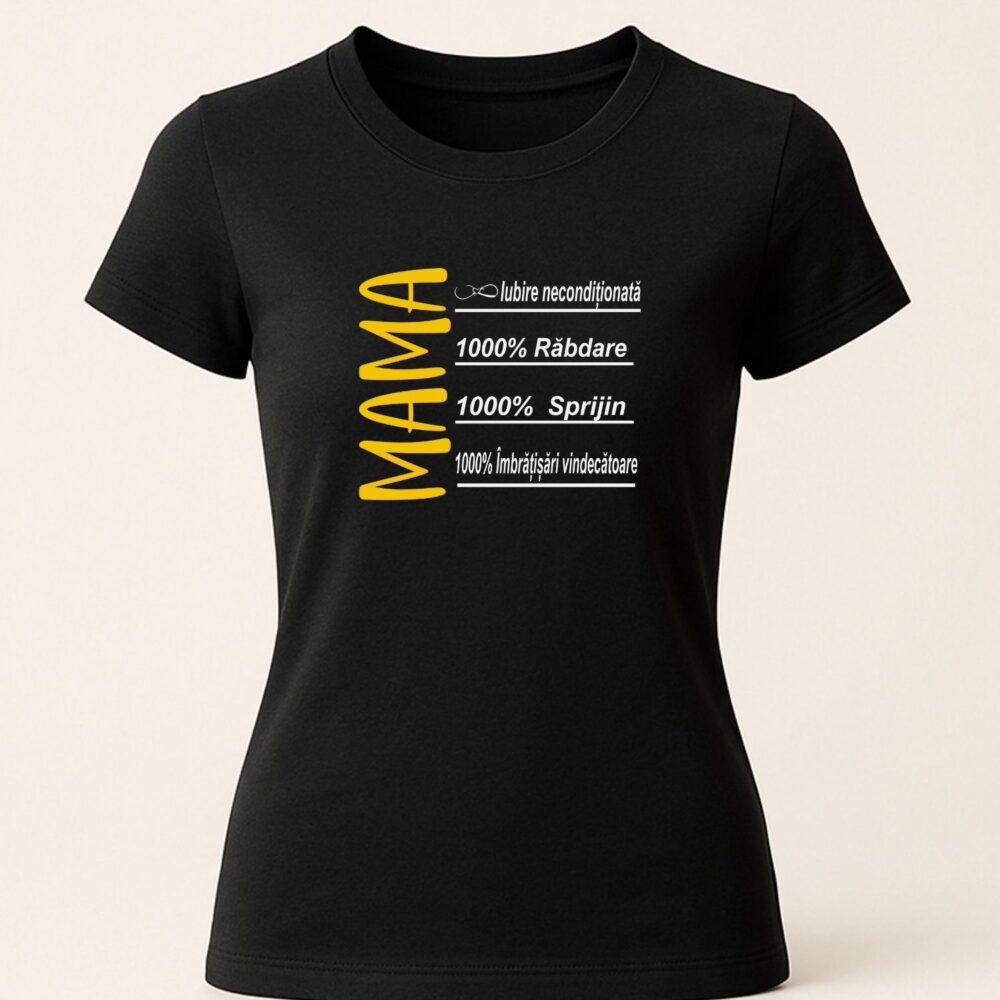 Tricou MAMA „100% răbdare, 100% sprijin” – mesaj de recunoștință – model 4, personalizat negru