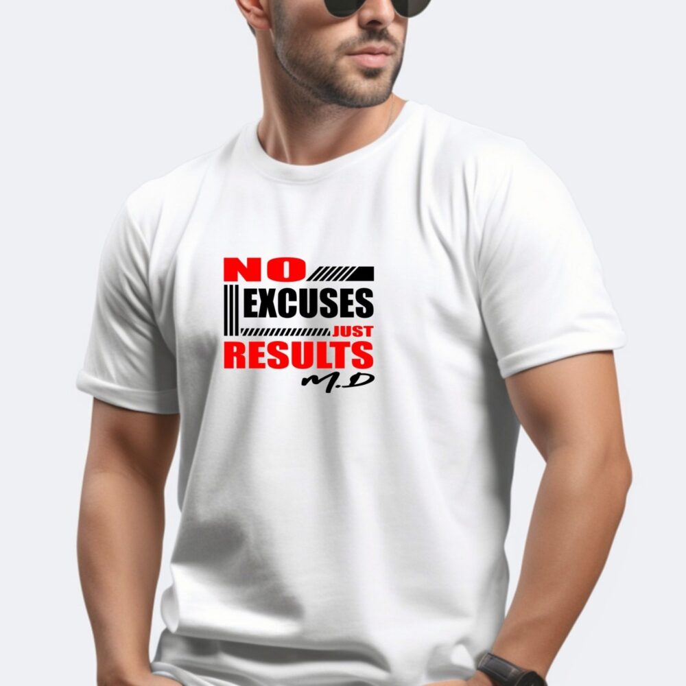 Tricou bărbați No Excuses Just Results, model gym personalizat cu inițiale pe tricou alb