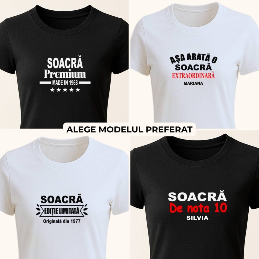 Colaj cu 4 modele de tricou personalizat pentru soacră, alb și negru, cadou feminin cu mesaj și personalizare