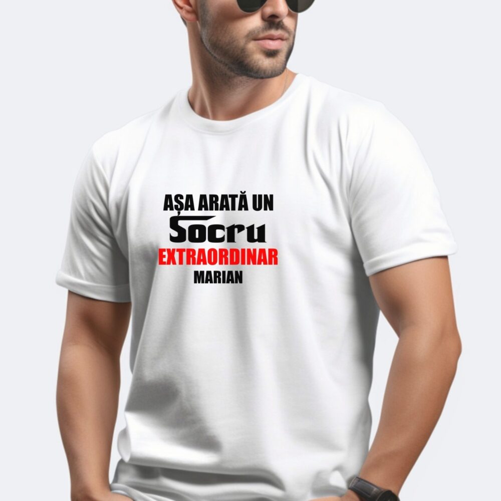 Tricou personalizat pentru socru, model Așa arată un socru extraordinar, alb, cadou de zi de naștere pentru socru