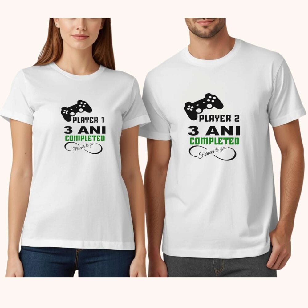 Tricouri cuplu aniversare cu mesaj personalizabil în stil gaming, Player 1 / Player 2
