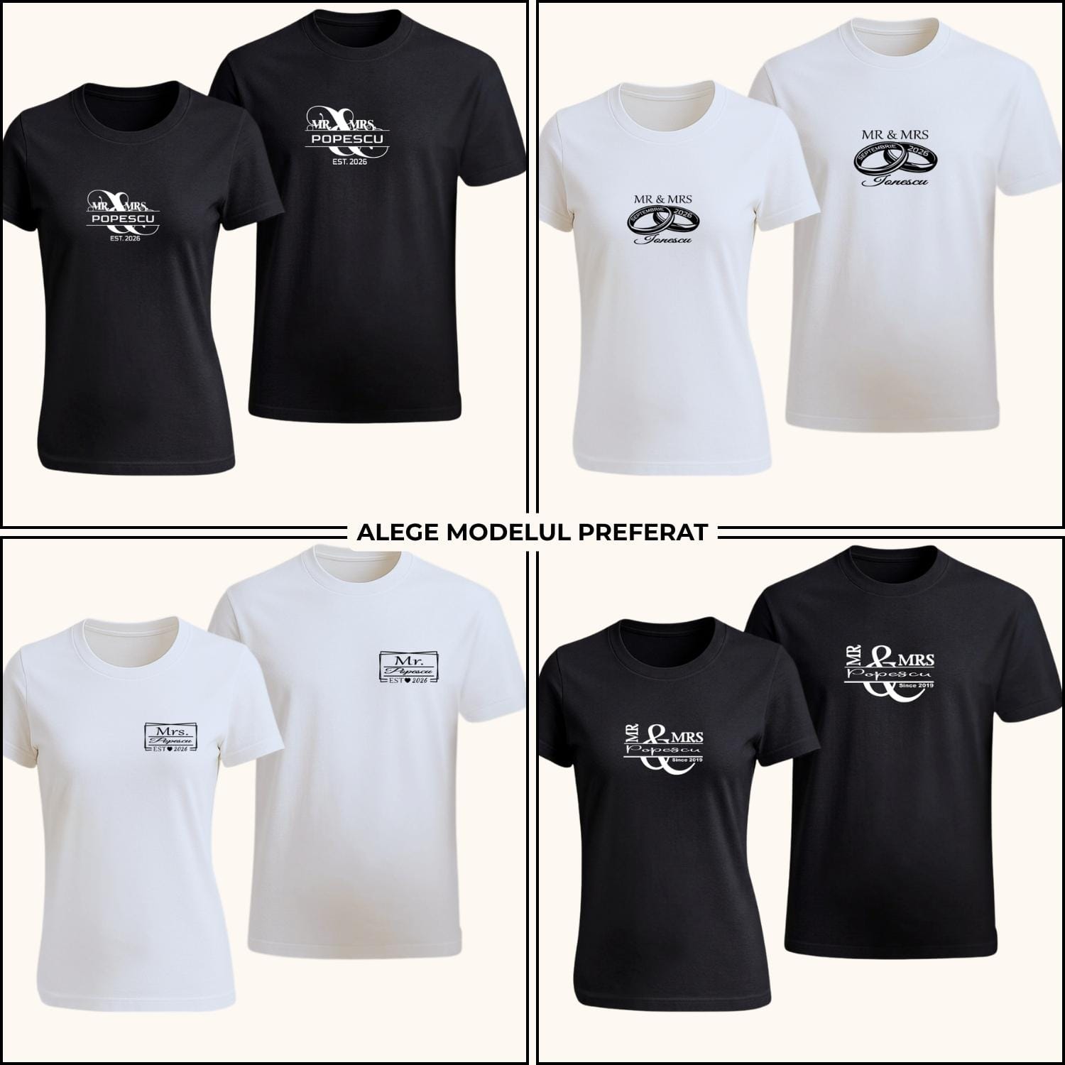 tricouri-cuplu-mr-mrs-4-modele-alb-negru-personalizabile Tricouri cuplu Mr & Mrs personalizate în 4 modele alb și negru, cu nume de familie, dată și monogramă