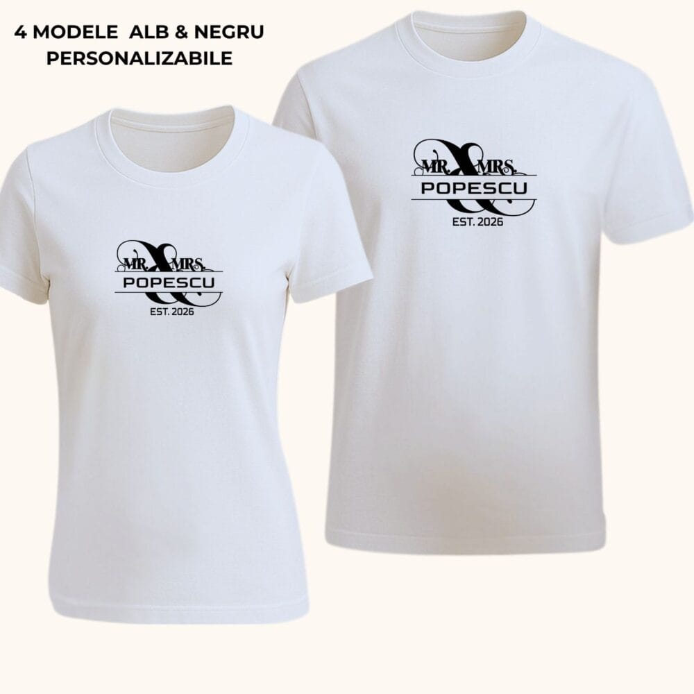 Tricouri cuplu Mr & Mrs personalizate albe cu nume de familie și an, cadou premium pentru nuntă, logodnă sau aniversare