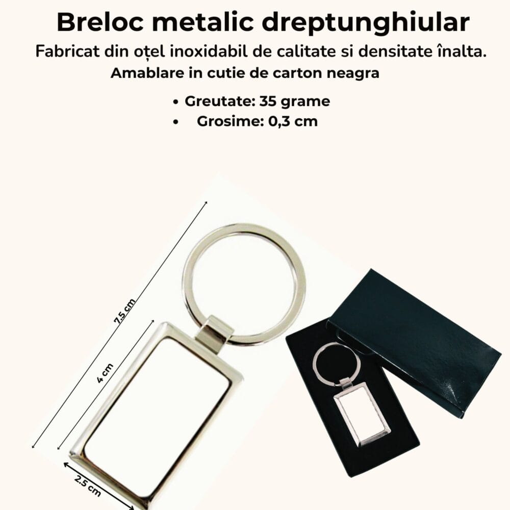 Breloc metalic dreptunghiular personalizat. Ambalaj cutie neagră, specificații și dimensiuni produs
