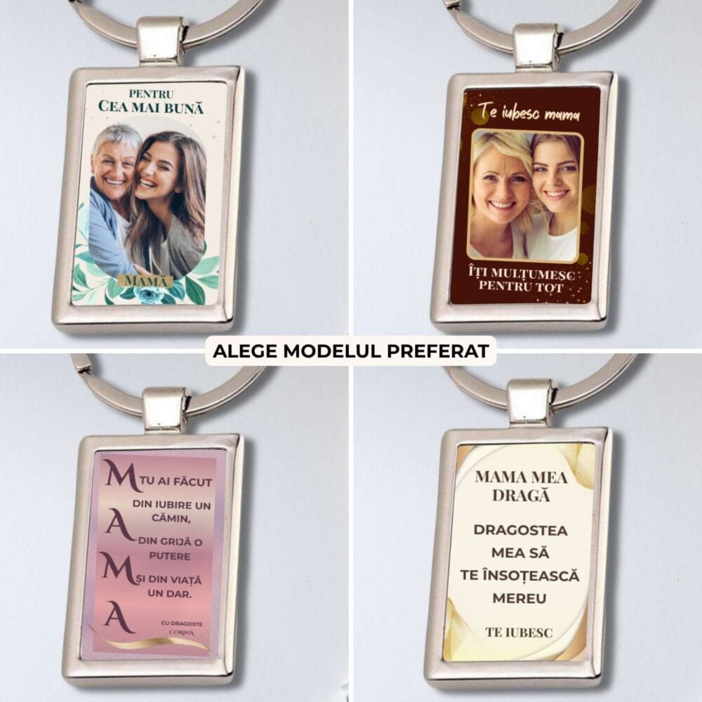 Colaj cu 4 modele de breloc personalizat pentru Mama, cu poză sau mesaj, breloc metalic elegant