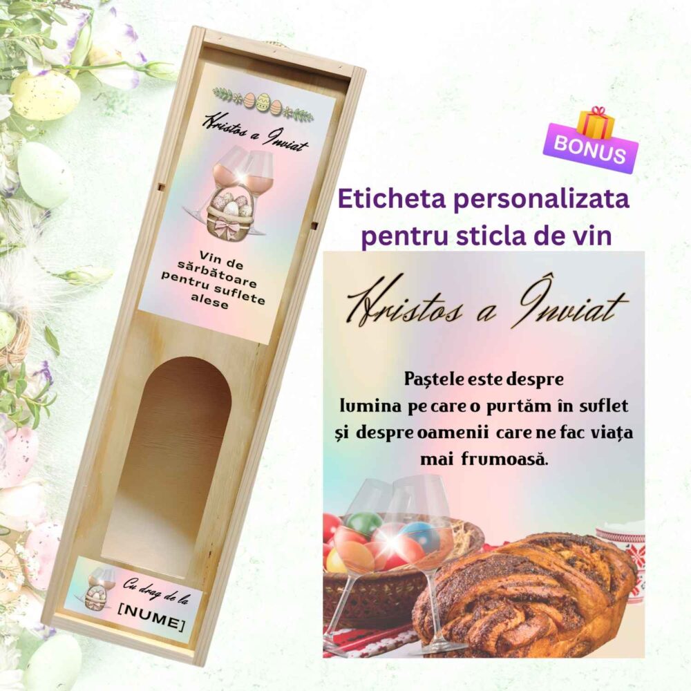 Cadou de Paste premium – cutie lemn pentru vin 750 ml personalizata cu nume si urare