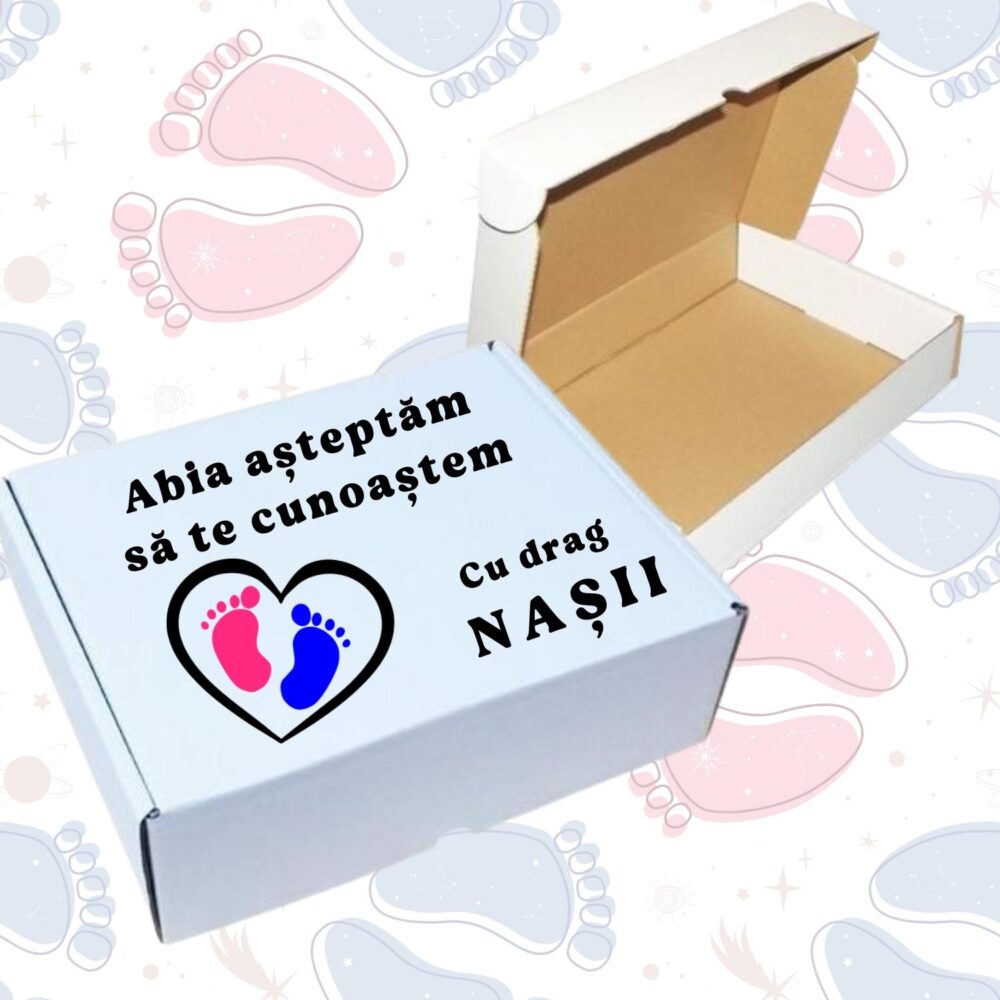 Cutie cadou personalizată pentru bebe cu mesaj „Abia așteptăm să te cunoaștem” – model 2