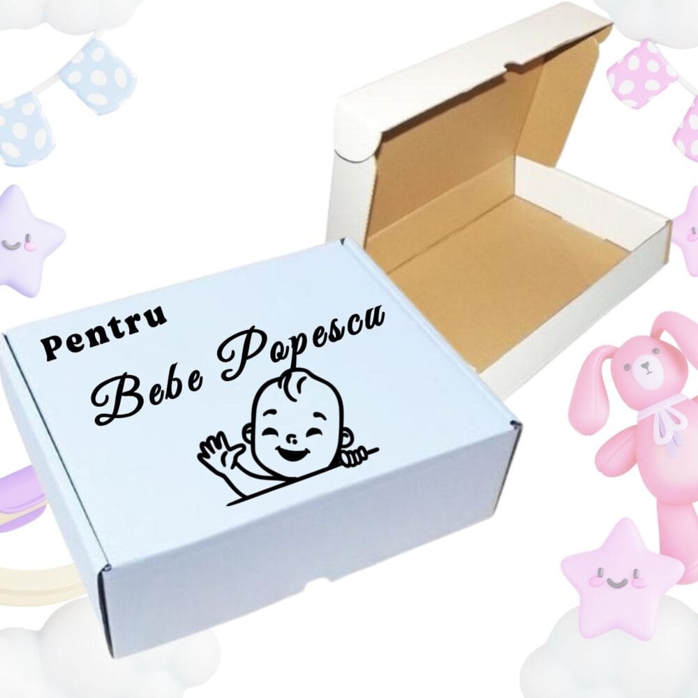 Cutie cadou personalizată de Gender Reveal „Pentru Bebe” cu ilustrație drăguță – model 4. Cadou anunt sarcina