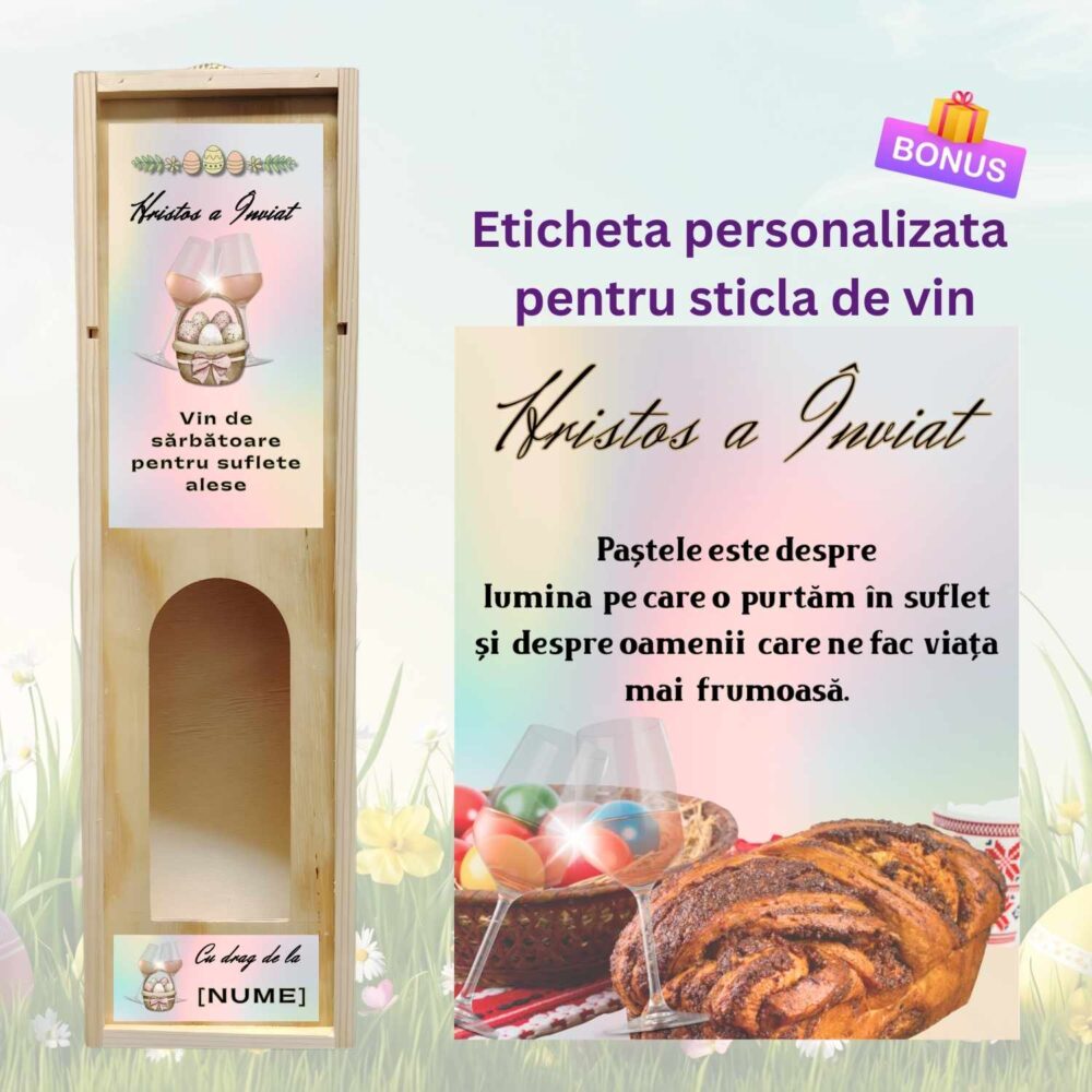 Cutie vin personalizata de Paste din lemn cu eticheta personalizata cadou pentru sticla. Cadou premium