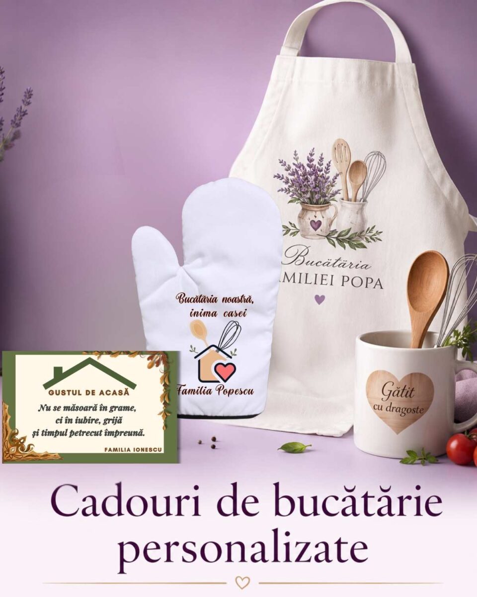 Imagine reprezentativa - homepage - Categorie Cadouri bucatarie personalizate. Tocătoare personalizate, șorțuri BBQ, bucătărie și grătar cu mesaje personalizate, și mănuși de bucătărie personalizate cu mesajul tău. Cadouri utile cu emoție și amintiri.