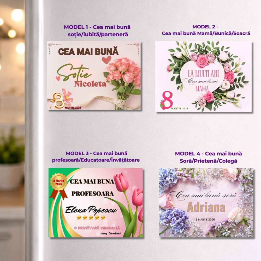 Modele magnet personalizat 8 Martie cu nume 9,5x7 cm – cadou pentru mamă, bunică, profesoară, soră, prietenă sau colegă, nașă, soacră.