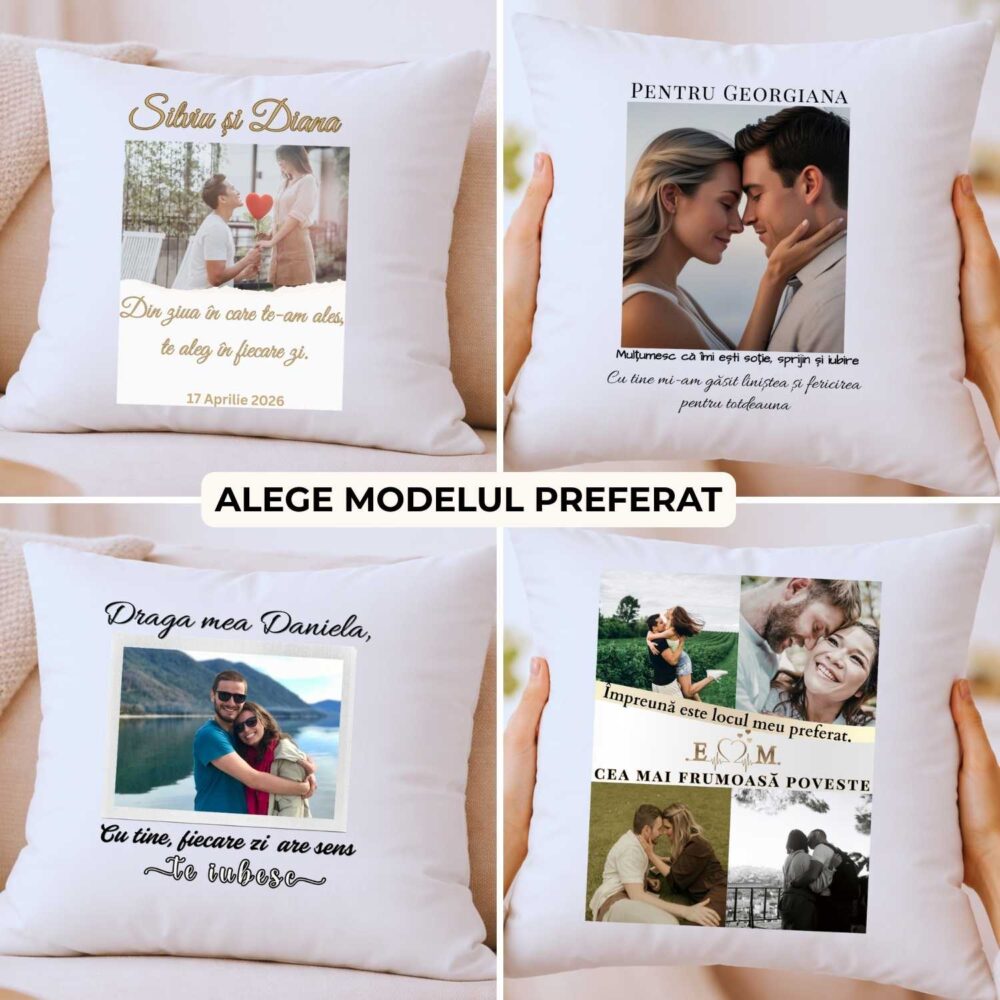 Pernă personalizată pentru soție cu poză și mesaj, 4 modele disponibile, pernă 40x40 cadou romantic