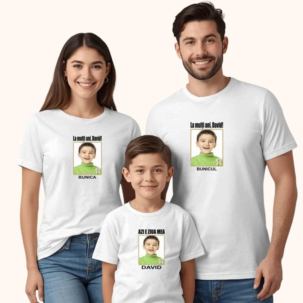 Set tricouri familie cu poză și vârstă pentru bunica, bunicul și copilul sărbătorit