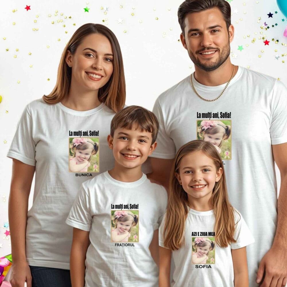 Set tricouri familie cu poză de fetiță, nume, vârstă și roluri pentru mama, tata și frate la aniversare