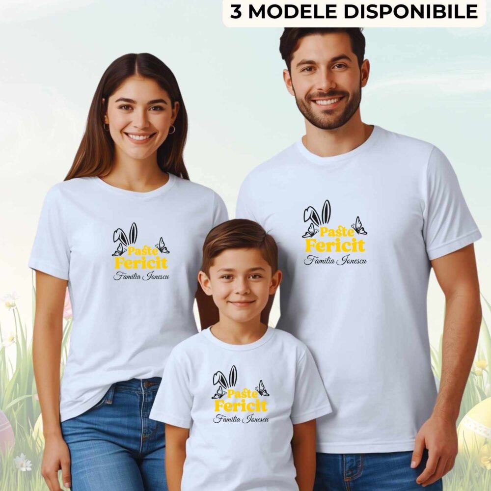 Set tricouri familie de Paște personalizate cu mesaj Paste Fericit– mama tata copil. Cadou matching