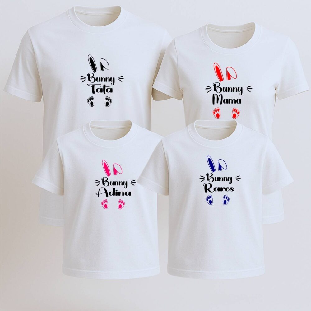 Tricouri matching Bunny Family cu roluri Mama Tata Copii – personalizabile