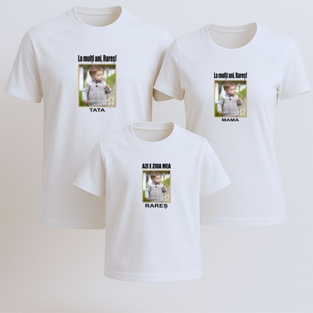 Set tricouri familie zi de naștere personalizate cu poză, nume, vârstă și roluri Mama, Tata și copil