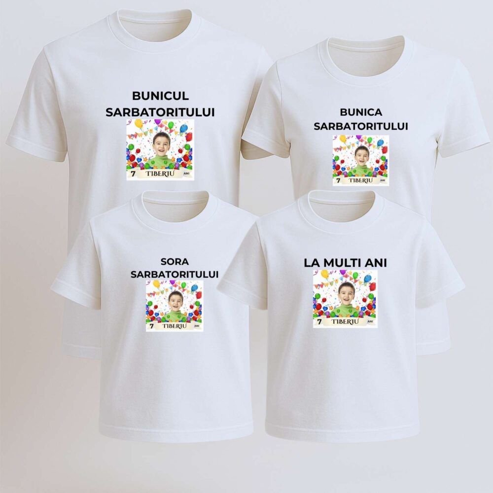 Tricouri matching familie pentru zi de naștere – bunicul, bunica, sora sărbătoritului și tricou „La mulți ani”, personalizate cu nume și vârstă