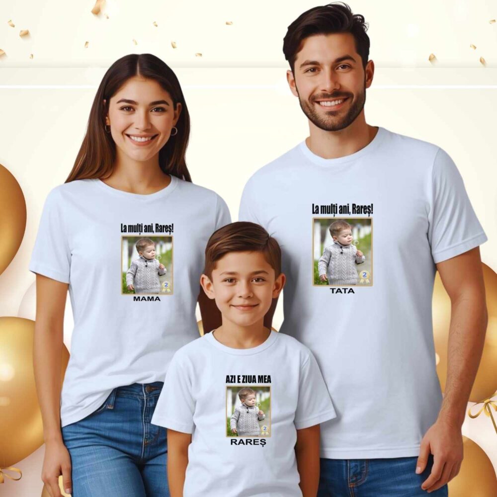 Set tricouri matching familie cu poza sărbătoritului Rareș pentru mama, tata și copil la zi de naștere