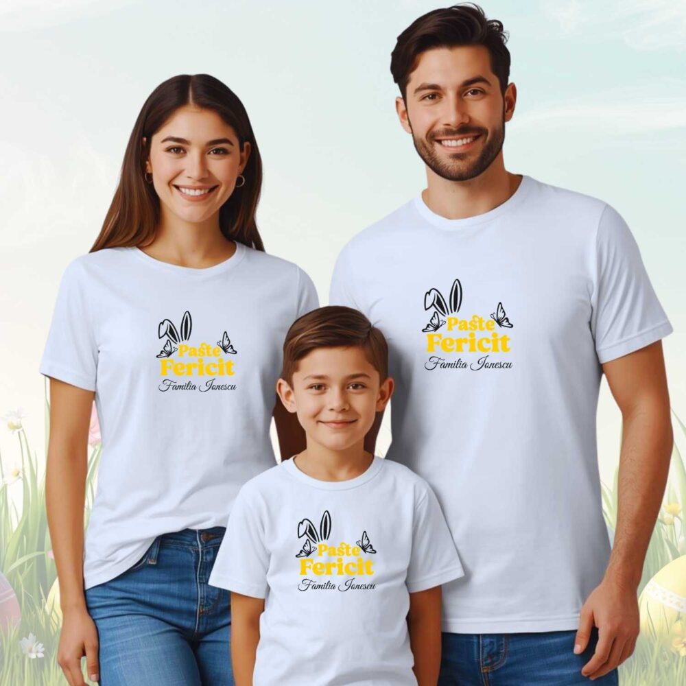 Set tricouri familie de Paste Fericit personalizat – mama tata copil