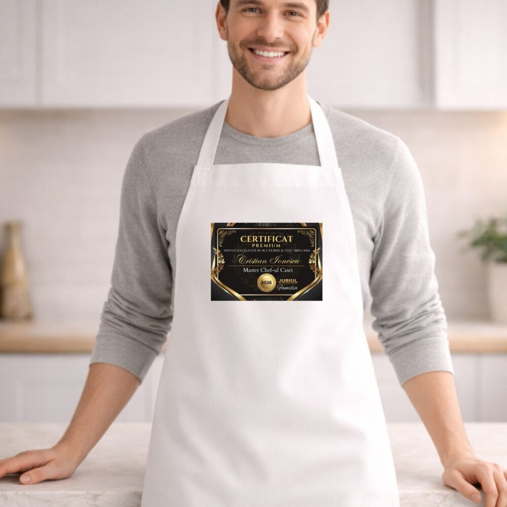 Model bărbat poartă Șorț personalizat cu diplomă Master Chef-ul casei – cadou pentru bucătari
