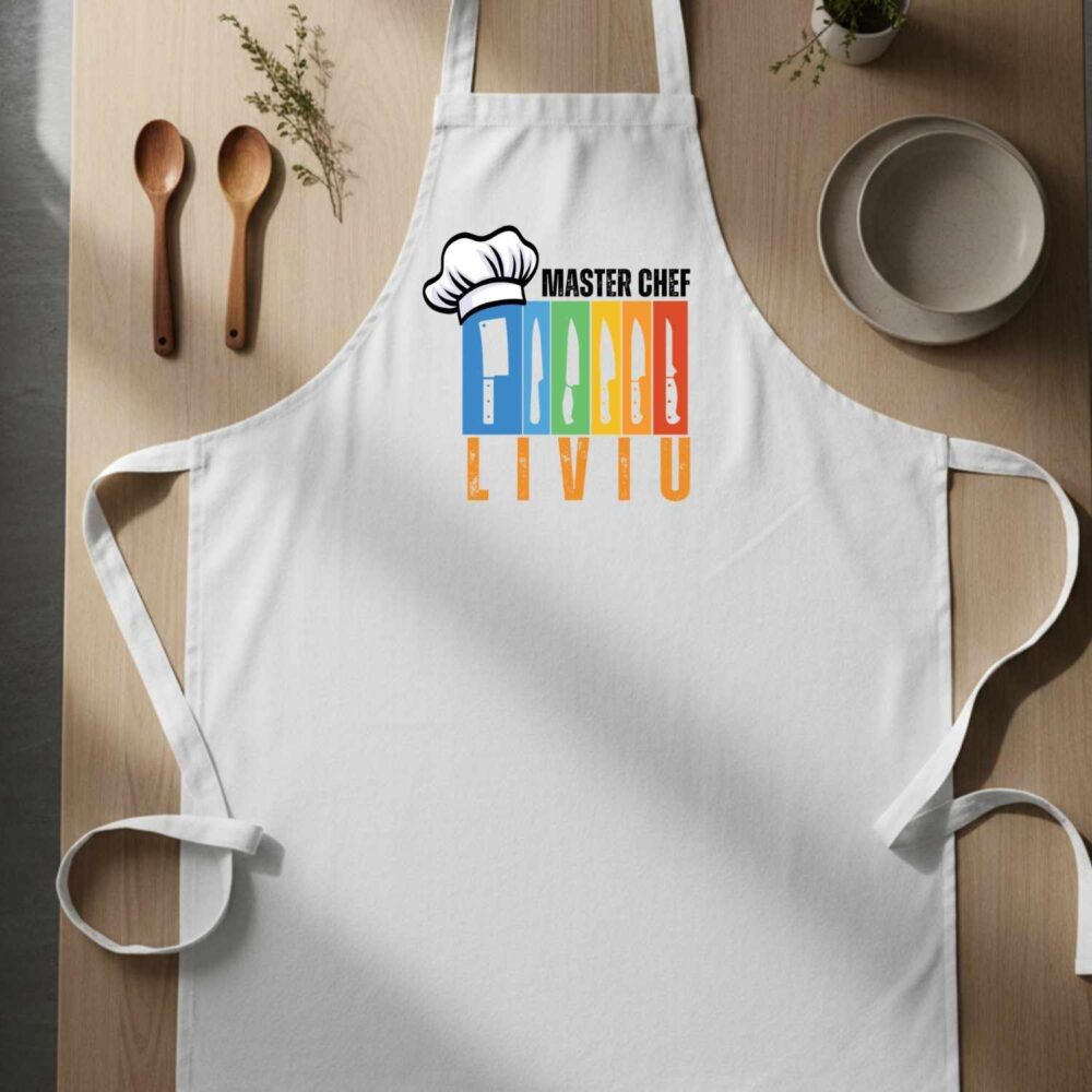 Șorț personalizat Master chef model cutite cu nume. Cadou bucătari și pasionați de gătit
