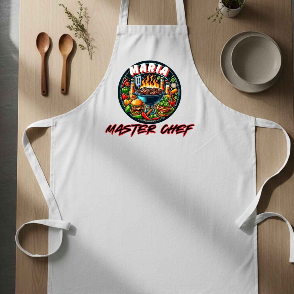 Șorț personalizat emblema Master Chef cu nume. Cadou pentru pasionații de grătare și bucătărie