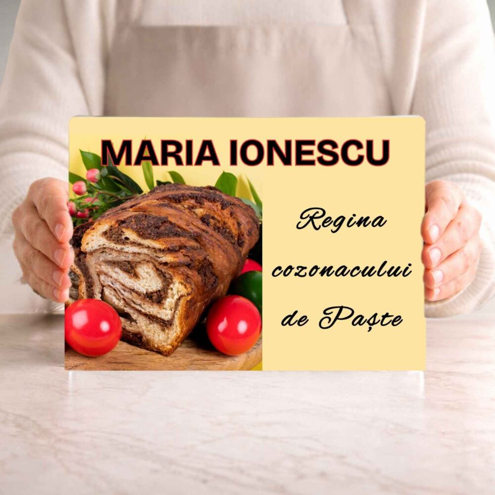 Tocator personalizat Regina cozonacului de Paste cu nume – sticla securizata, cadou premium pentru bucatari