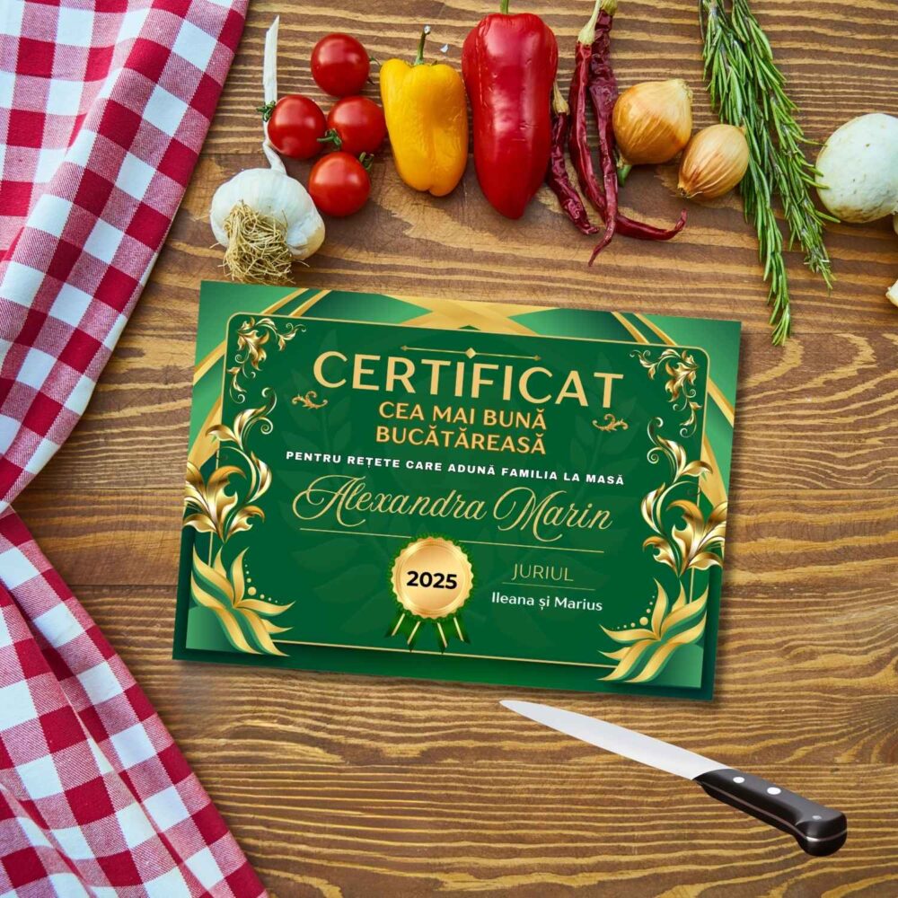 Tocător din sticlă personalizat tip certificat – Cea mai bună bucătăreasă, cadou pentru mama, sora sau bunica