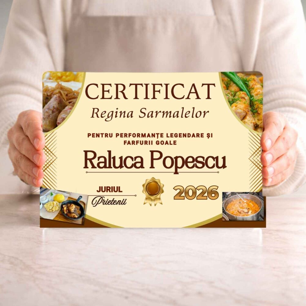 Tocător personalizat tip certificat – Regina Sarmalelor, cadou amuzant pentru bucătăreasă