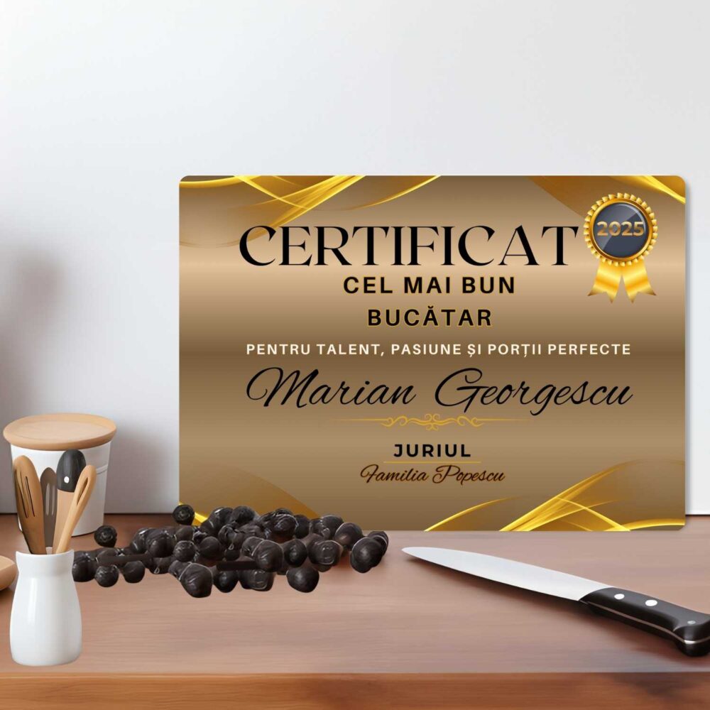 Tocător din sticlă personalizat tip certificat – Cel mai bun bucătar, cadou premium pentru pasionat de gătit