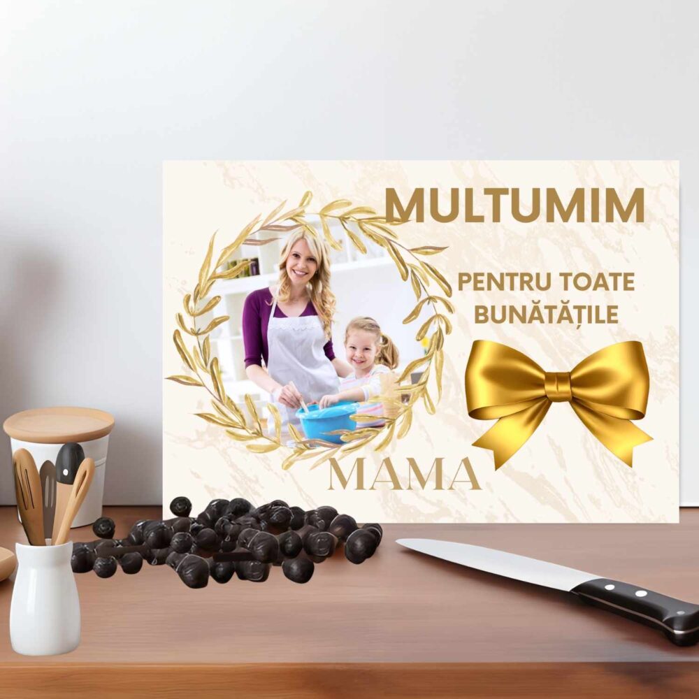Tocător sticlă personalizat cu poză – Mulțumim Mamă, cadou emoțional pentru mama
