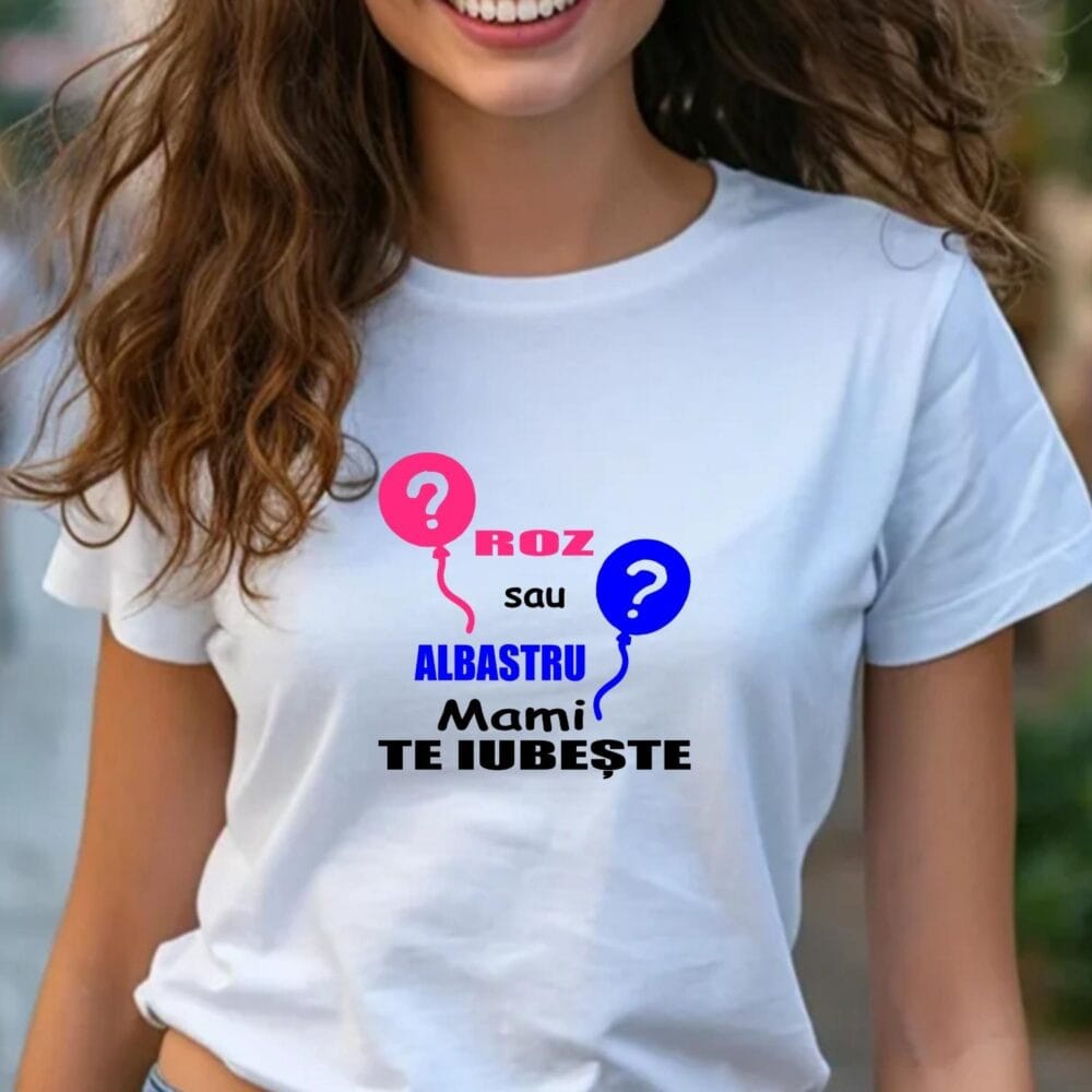 Tricou Gender Reveal model Baloane, personalizat Roz sau Albastru Mama te iubește, ideal pentru petrecere gender reveal și poze de familie