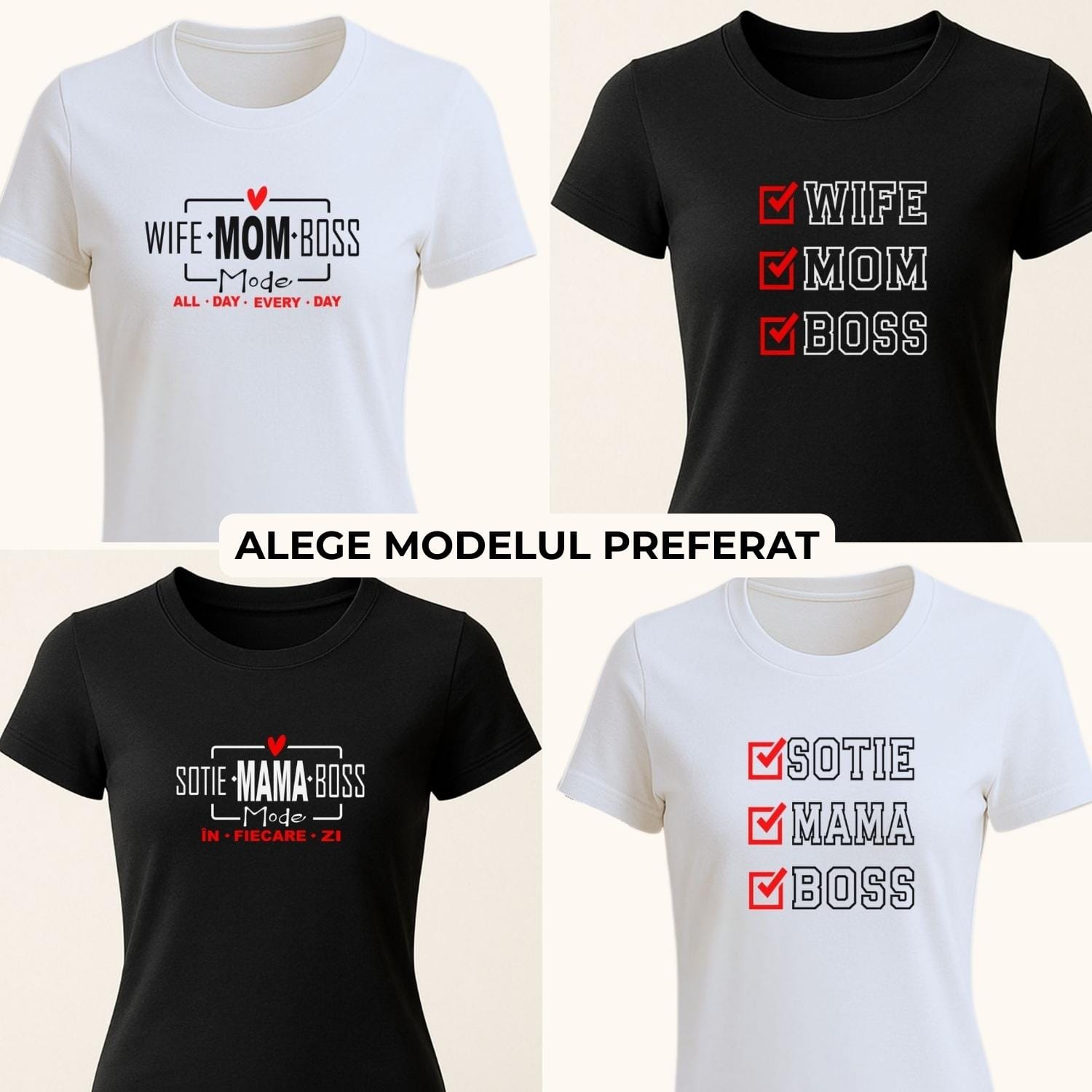 tricou-personalizat-sotie-mama-boss-4-modele-overview-alb-negru Tricou personalizat Soție Mamă Boss / Wife Mom Boss. 4 modele alb și negru – Cadou unic pentru femei mame soții