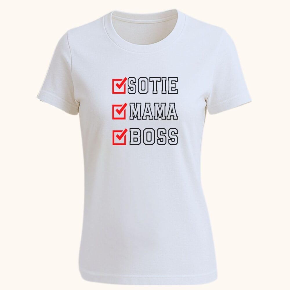 Mockup tricou damă alb personalizat Soție Mamă Boss checklist – cadou aniversar
