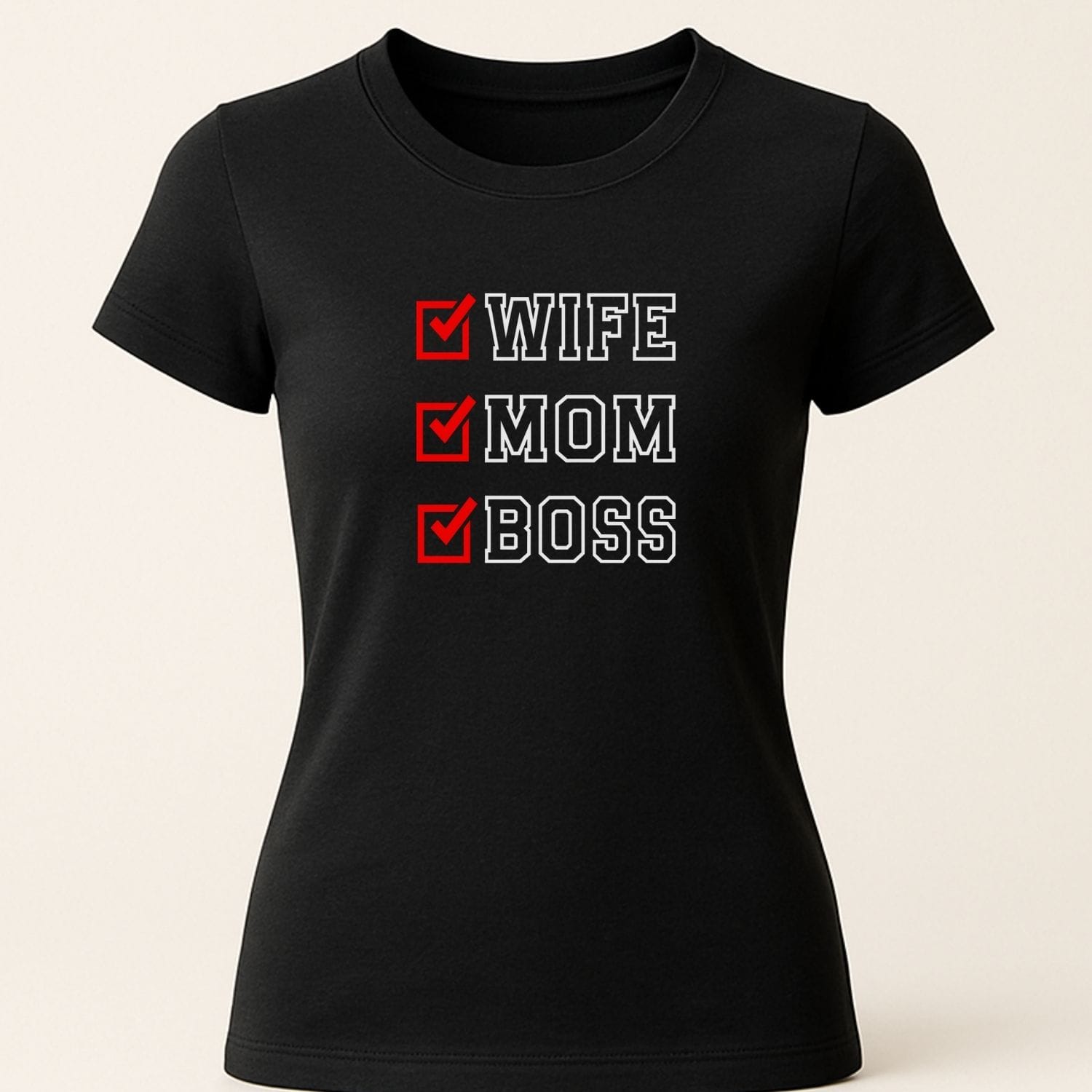 tricou-personalizat-wife-mom-boss-checklist-negru-mockup-femei Mockup tricou damă negru personalizat Wife Mom Boss checklist – mesaj modern, cadou mama