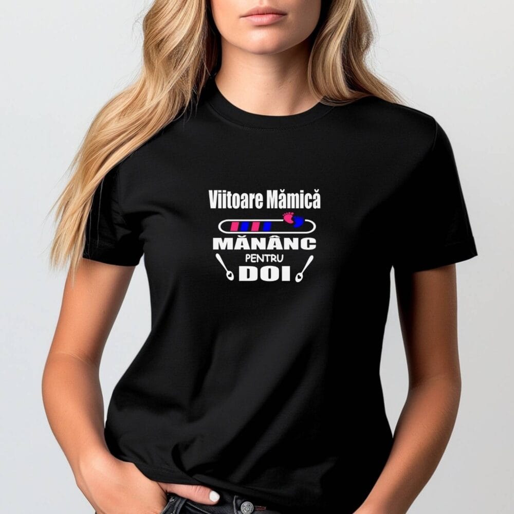 Tricou negru Viitoare Mămică Mănânc pentru Doi, cadou funny pentru viitoare mamă, anunț sarcină sau baby shower