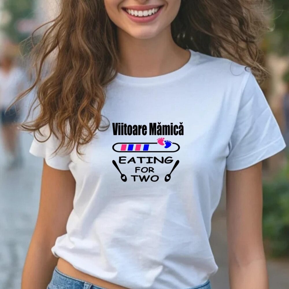 Tricou Viitoare Mămică Eating for Two, variantă ENG albă pentru baby shower, gender reveal și poze de sarcină