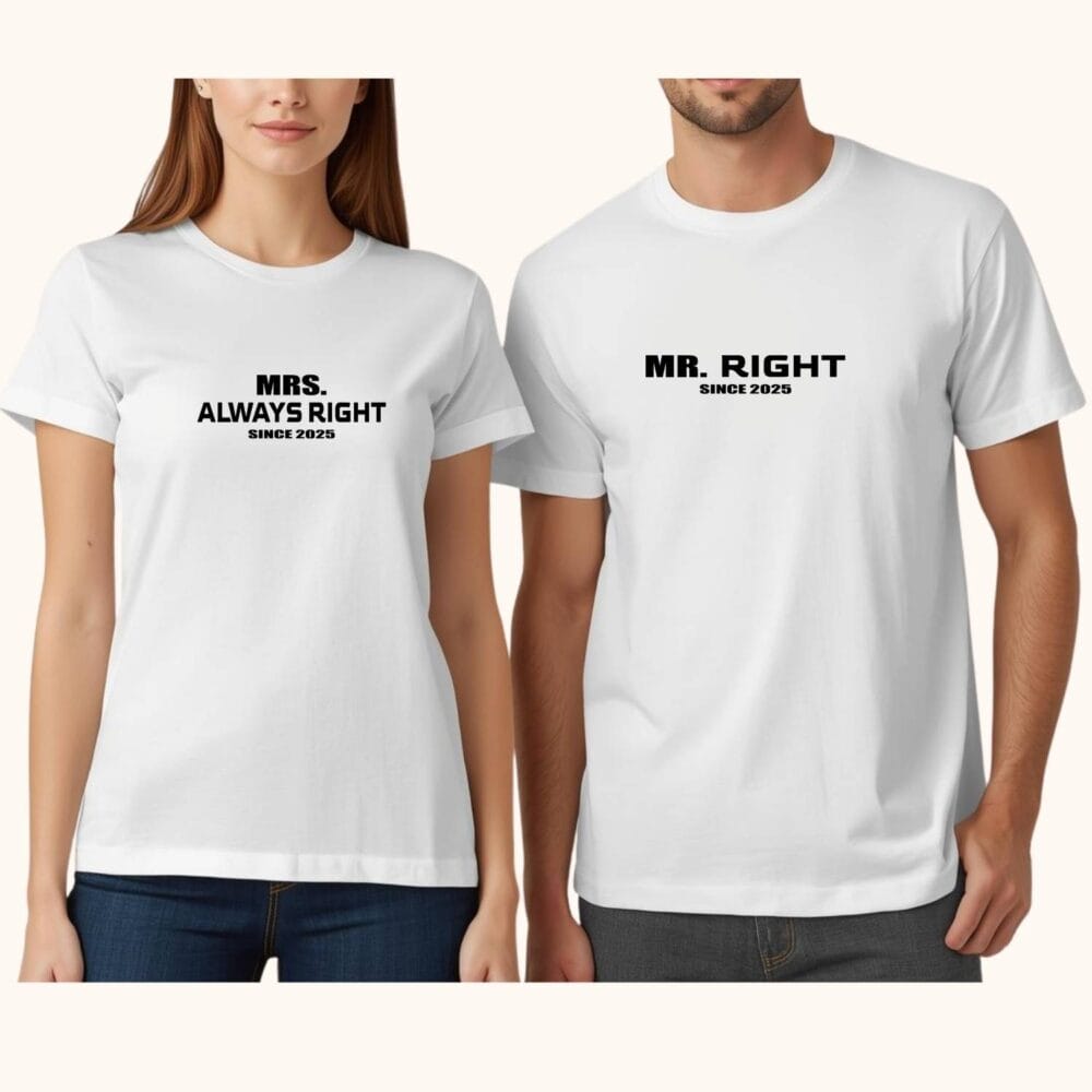 Set tricouri cuplu albe Mr Right și Mrs Always Right, tricouri Mr & Mrs amuzante pentru el și ea