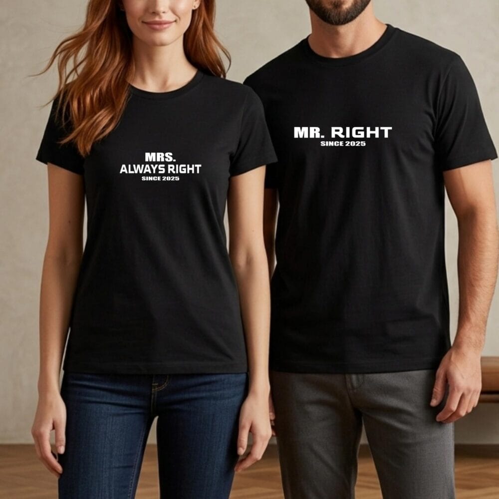 Tricouri cuplu negre Mr Right și Mrs Always Right, set Mr & Mrs funny pentru aniversare relație sau cadou romantic amuzant